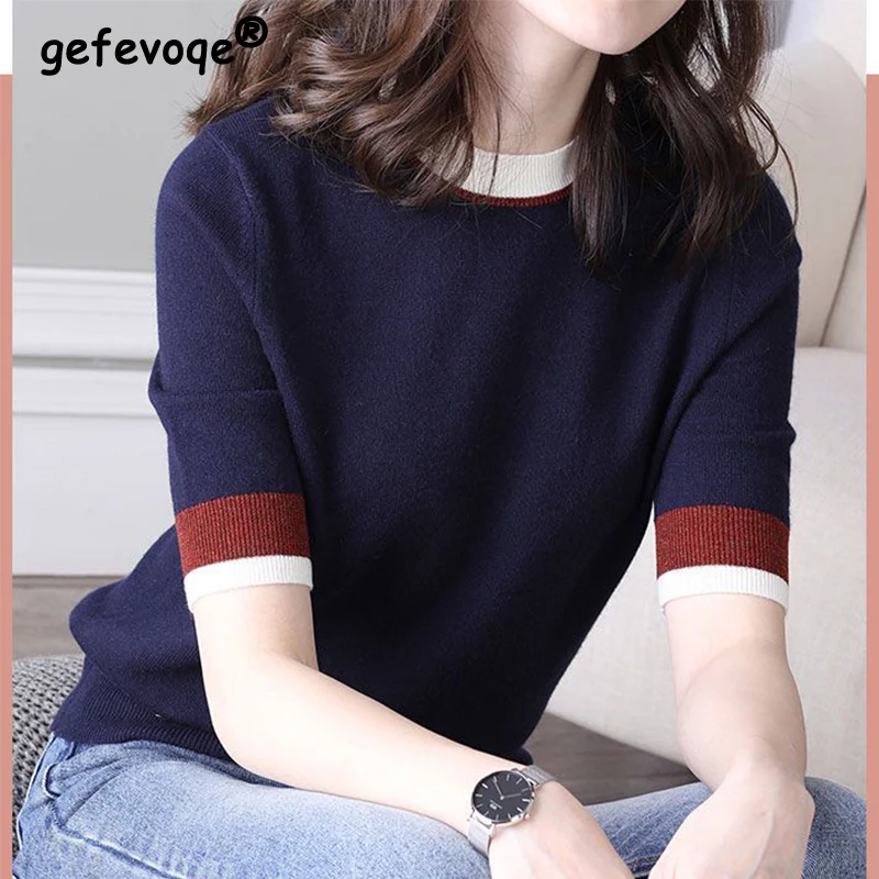 Top Trends: Spring Summer New Casual Fashion Simple Patchwork Short Sleeve Knitting Top Women Loose All-match Round Neck T-shirt Female Tee Shoppable Styles