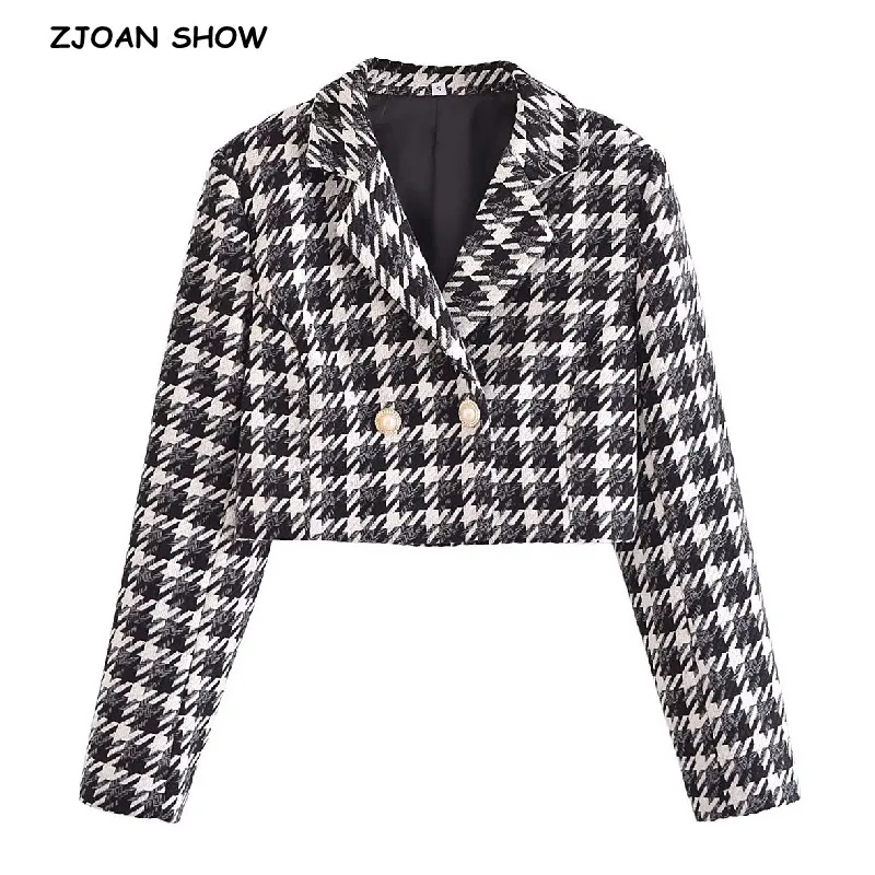 Top Trends: 2023 Autumn Notched Checked Plaid Woven Tweed Blazer Cropped Vintage Women Pearl Button Long Sleeve Short Suit Coat Shoppable Styles