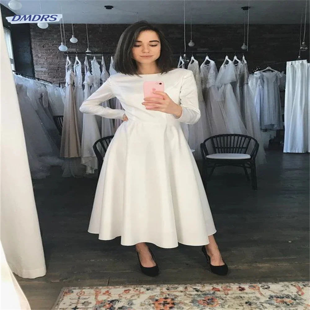 Top Trends: Elegant O-neck Tea-length Wedding Dress Classic Long Sleeve A-line Bridal Gown Simple Vestidos De Novia Shoppable Styles