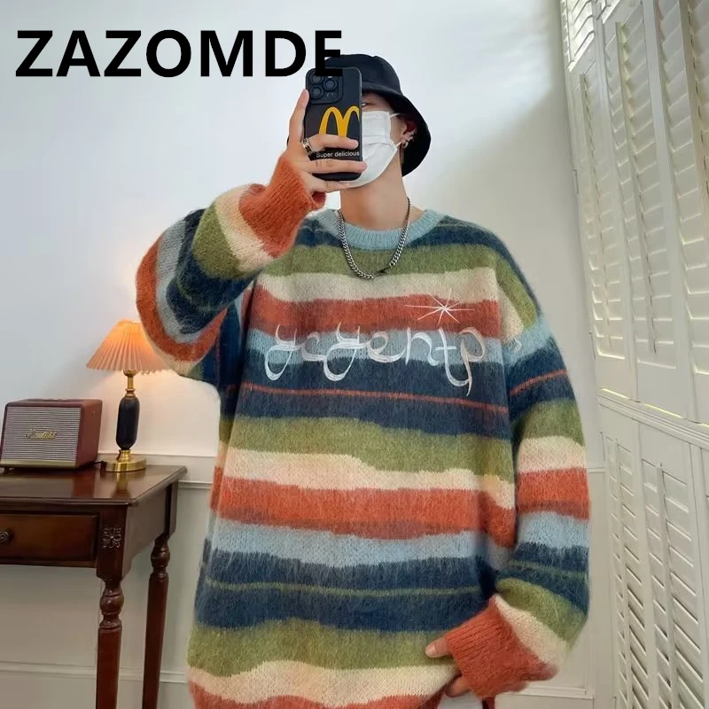 Top Trends: ZAZOMDE Autumn Winter Stripe Rainbow Color Sweater High Streetwear Hip Hop Sweater Unisex Couple Sweatshirt Pullover Casual Chic Shoppable Styles