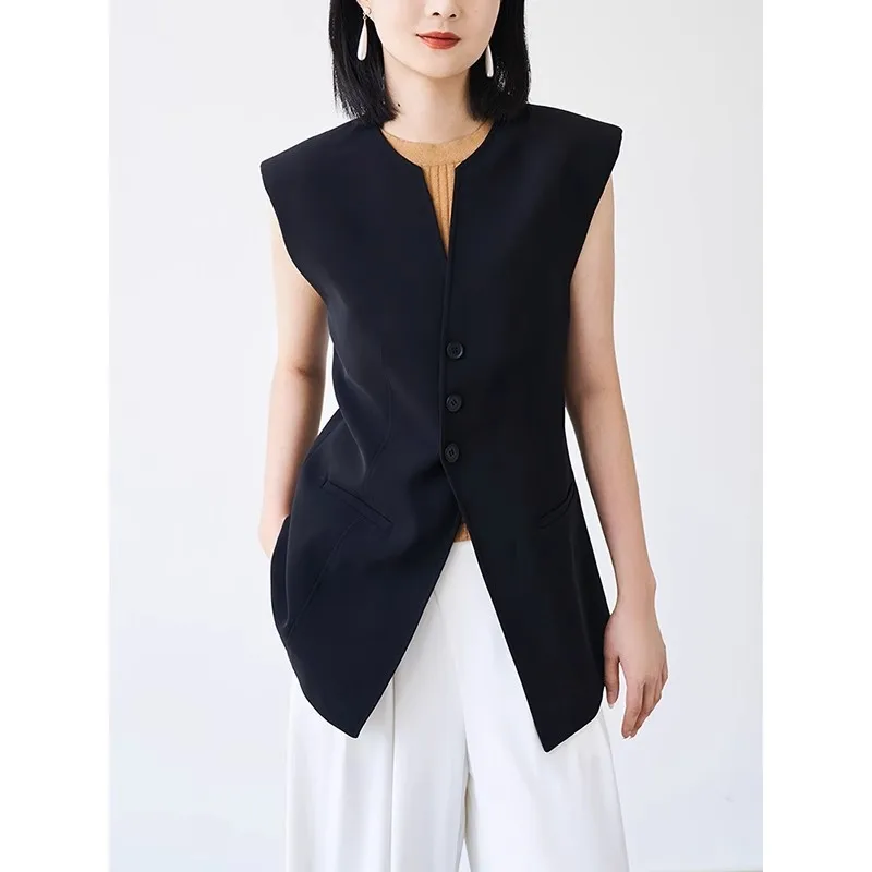 Top Trends: Black Suit Vest Women's Vintage Tight Waist Design Sense Temperament Elegant Simple Sleeveless Mid-Length Casual Tops Vests New Shoppable Styles