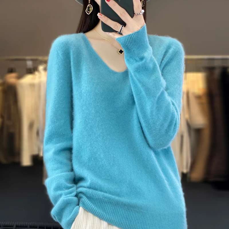 Top Trends: 100% Pure Wool 2024 Autumn And Winter New Cashmere Sweater Women&#039;s V-neck Pullover Fashion Solid Color Long Sleeve Pullover Shoppable Styles