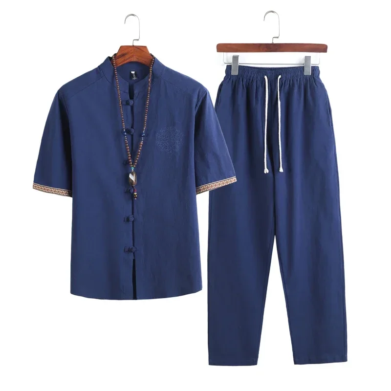 Top Trends: Summer Chinese Style Linen Tang Suit Traditional Clothing Men Shorts Tai Chi Uniform Retro V-neck Short Sleeve Shirt Pants Set Shoppable Styles