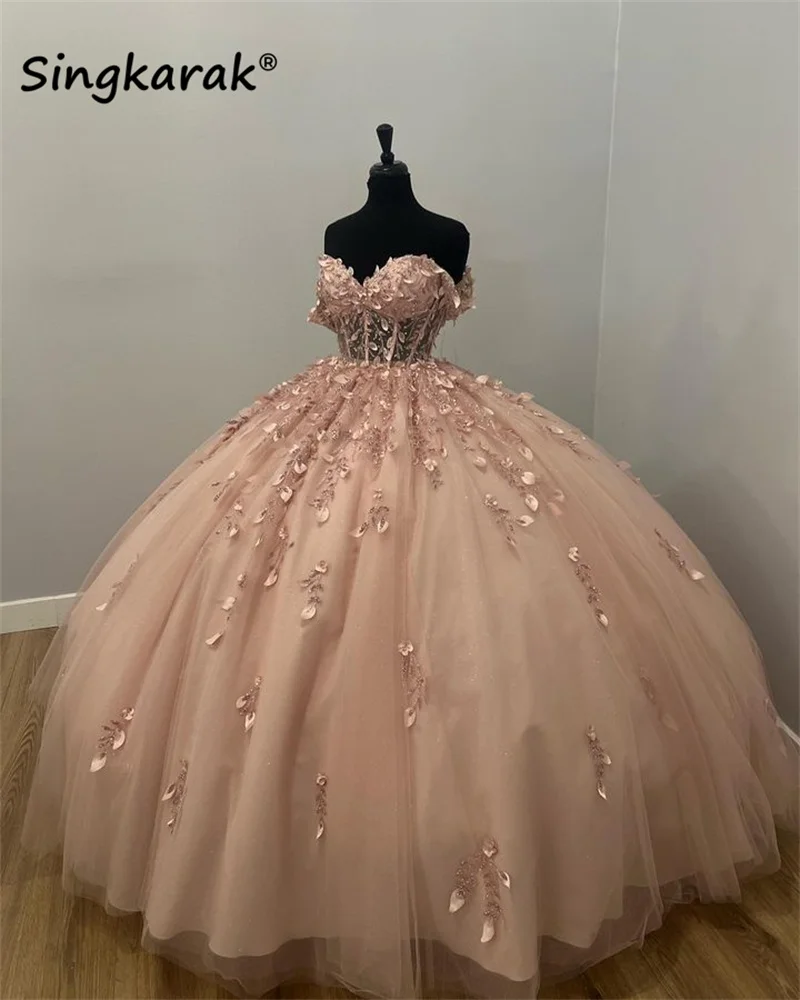 Top Trends: New Design Pink 2023 Princess Quinceanera Dresses Off Shoulder Sparkly Flower Appliques Beads Ball Gown Sweet 16 Dresses Vestido Shoppable Styles