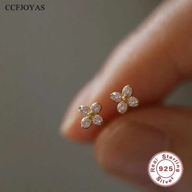 Top Trends: CCFJOYAS 925 Sterling Silver Light Pink Zircon Cross Flower Stud Earrings For Girl Minimalist Cute Small Studs Piercing Jewelry Shoppable Styles