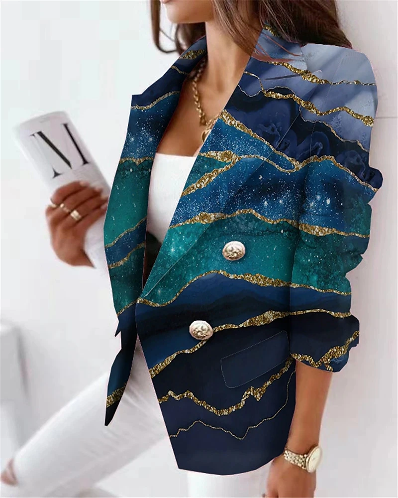 Top Trends: Women Jacket Fall 2023 Fashion Double Breasted Breathable Print Blazer Coat Elegant Long Sleeve Female Outerwear Chic Top Shoppable Styles