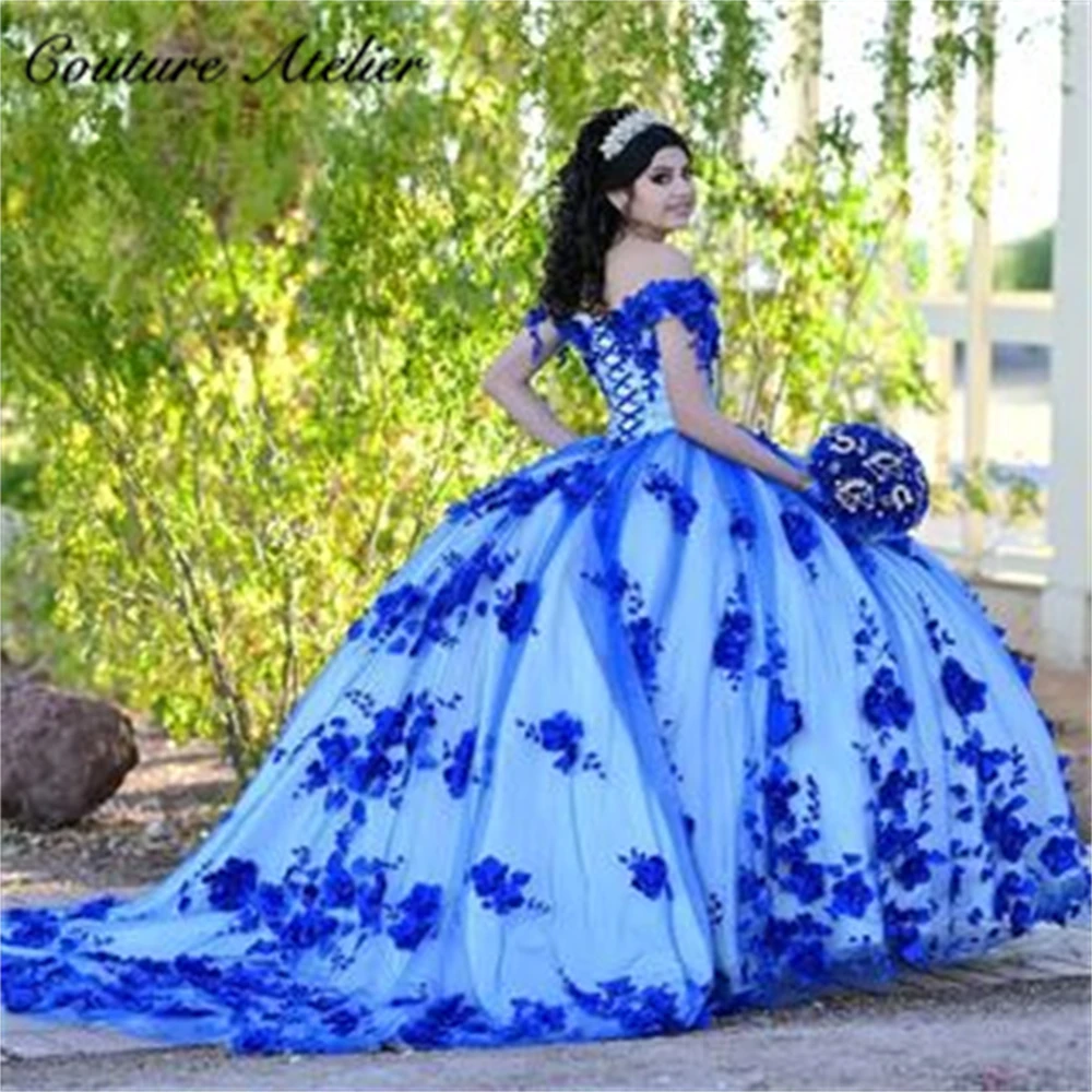 Top Trends: Royal Blue Beaded Pearls 3D Flowers Quinceanera Dresses Off The Shoulder Ball Gown Sweet Sixteen Dress Wedding Gowns Tulle Vesti Shoppable Styles