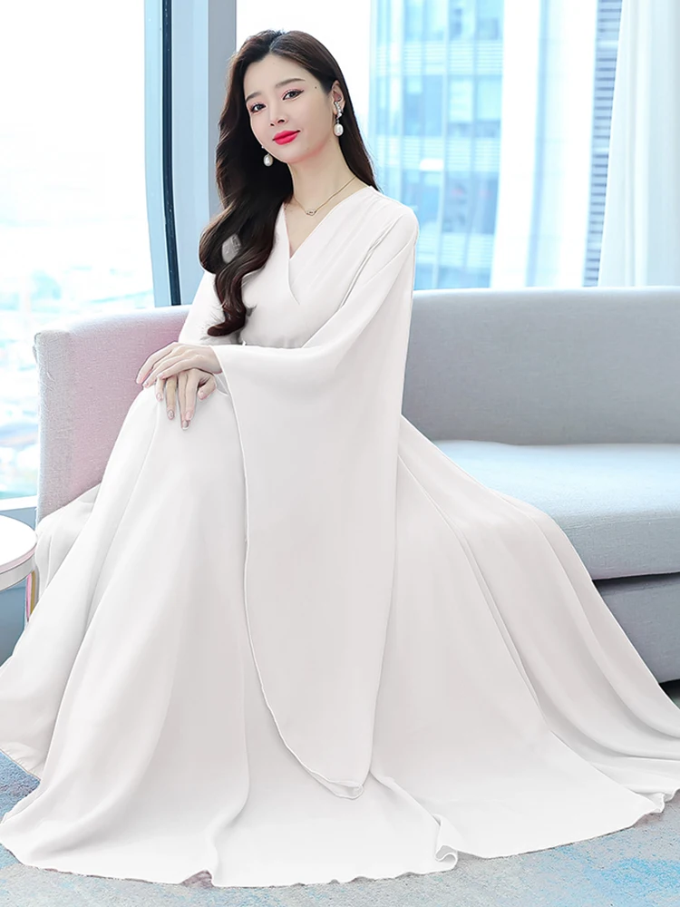 Top Trends: Chiffon White Beach Maxi Dress 2023 Spring Summer Women Fashion Elegant Long Sleeve Tunics Prom Party Festa Luxo Evening Dress Shoppable Styles