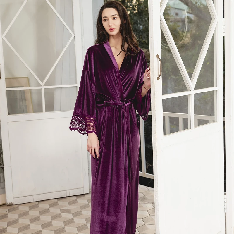 Top Trends: Bride Long Velvet Robes With Lace Bridesmaid Robe For Women Party Soft Fuzzy Wedding Homewear Bathrobe Olive Green Velvet Robe Shoppable Styles