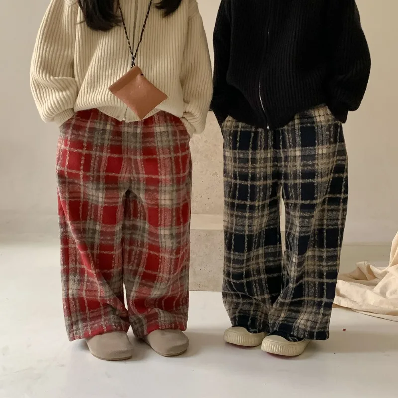 Top Trends: Children Pants 2023 Winter Boys And Girls Korean Style Woolen Plaid Straight-leg Pants Thick Casual Wide-leg Plaid Pants Shoppable Styles