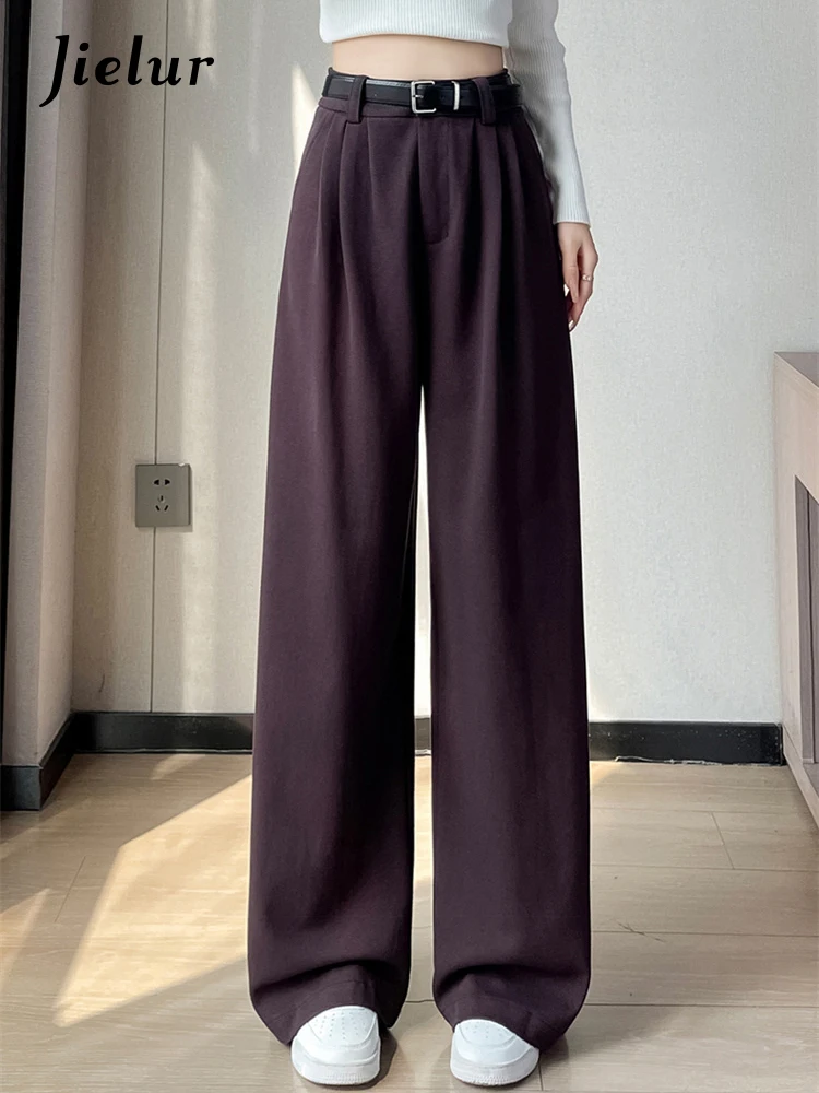 Top Trends: Jielur New High Waist Straight Female Wide Leg Pants Belt Pure Color Simple Office Ladies Chic Zipper Casual Women&#039;s Trousers Shoppable Styles