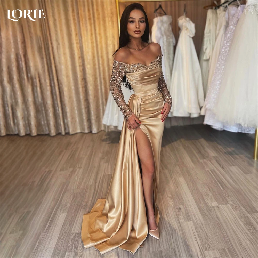 Top Trends: LORIE Glitter Champagne Mermaid Evening Dresses Sparkly Off Shoulder Pleated Prom Dress Sexy High Side Slit Bride Party Gowns Shoppable Styles