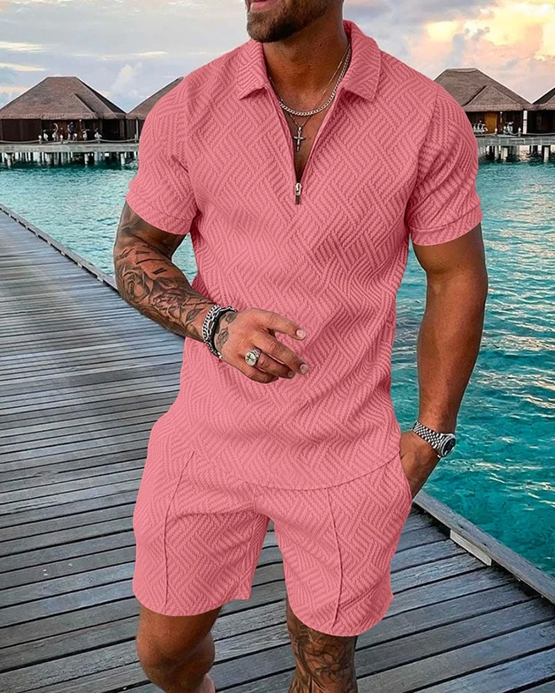 Top Trends: Men&#039;s Polo Suit Fashion Men Sets Mens Solid Color Summer V-neck Zipper Short Sleeve POLO Shirt+ Shorts Two Pieces Men Casual Suit Shoppable Styles