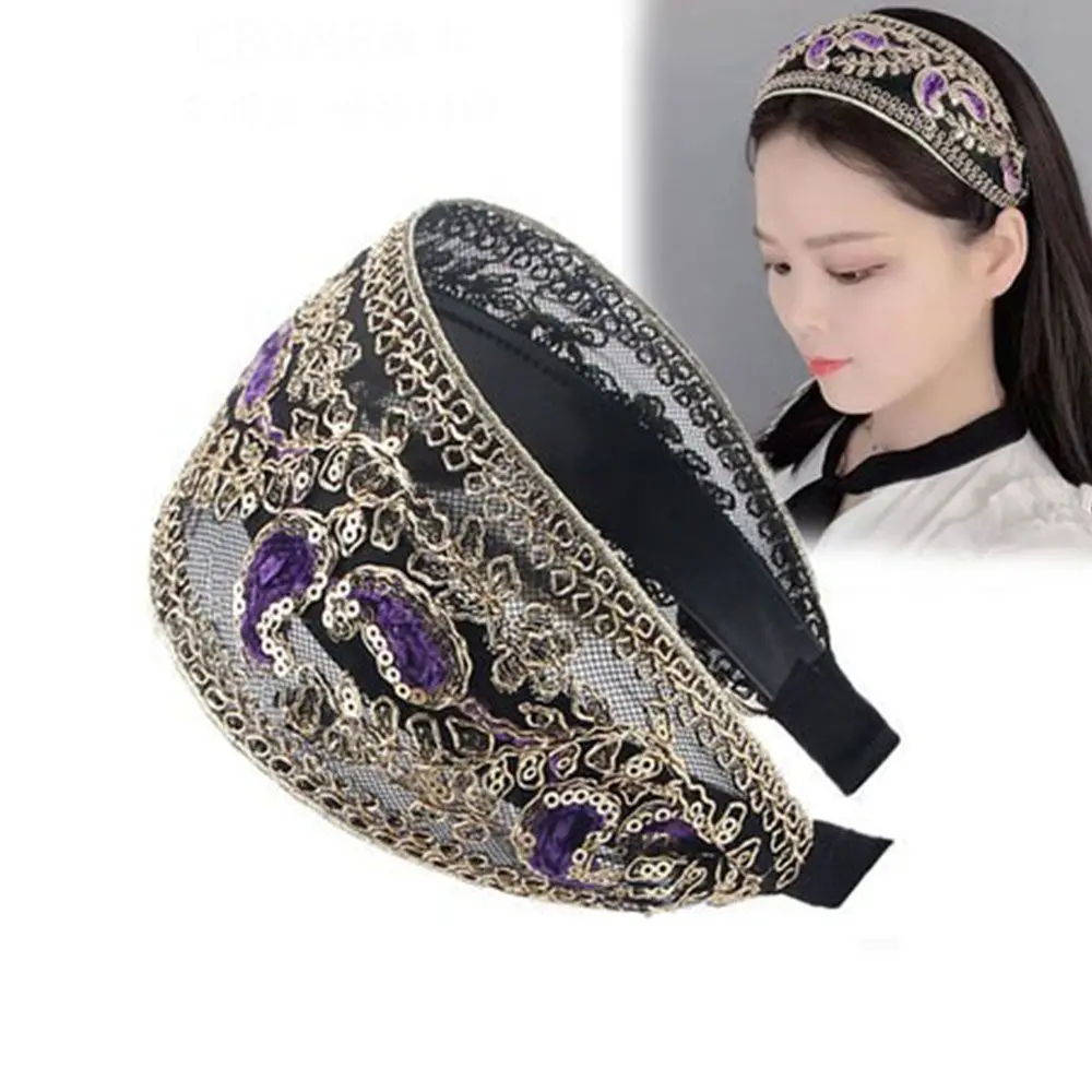 Top Trends: Retro Wide Lace Embroidered Women Headband Sequins Bezel Hair Hoop Female Turban Hairband Head Wrap Bandana Shoppable Styles