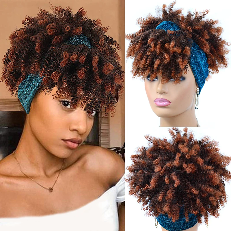 Top Trends: Short Afro Kinky Curly Headband Wigs Synthetic Turban Wrap Hair Wig With Puff Bangs Drawstring Elastic Band Scarf Wig For Women Shoppable Styles