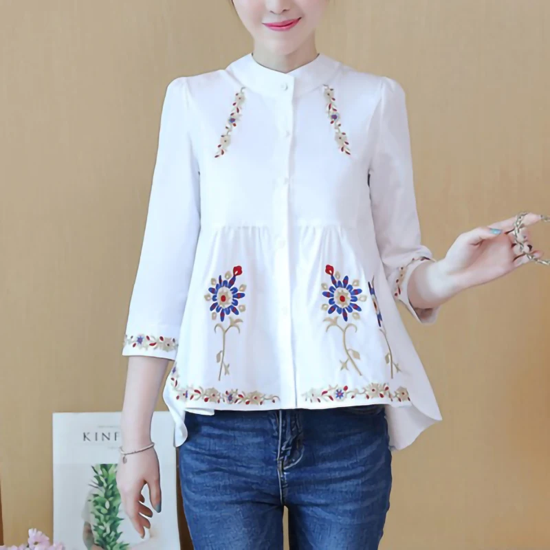 Top Trends: Ethnic Vintage Embroidery 100% Cotton Shirt Women Elegant Blouse Button Up Shirts Ladies Office Wear Loose Casual Tops 2022 New Shoppable Styles