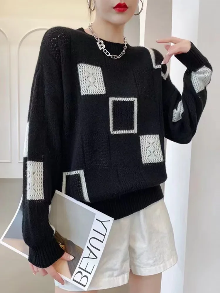 Top Trends: Fashion Tops 2022 Women Oversized Sweater Autumn Winter New Colorblock Plaid Knitted Pullovers Round Neck Retro Warm Sweaters Shoppable Styles - Image 2