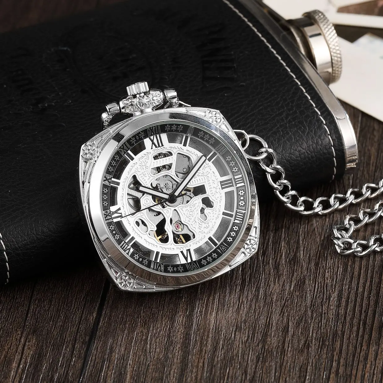 Top Trends: Silver Roman Numeral Square Dial Mechanical Hand Winding Pocket Watch Open Face Elegant Retro Pendant Manual Mechanism Timepiece Shoppable Styles