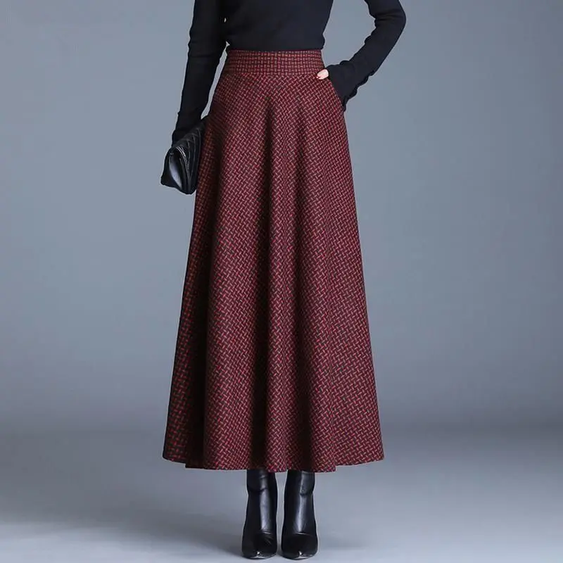 Top Trends: Autumn Winter Women Wool Plaid Skirt Office Lady Fashion Temperament Simple Versatile High Waist Casual Long Large Swing Skirts Shoppable Styles