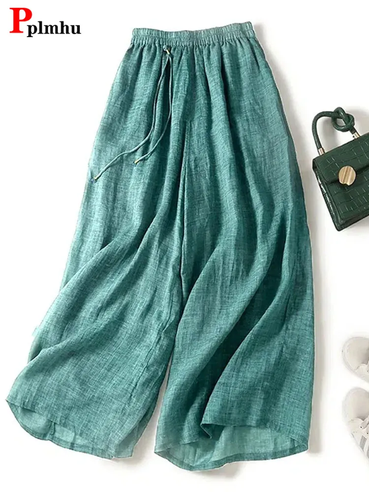 Top Trends: Casual Women Cotton Wide Leg Pants Baggy Summer Straight Trousers High Waist Korean Culotte Ankle-length Ovesize 4xl Pantalones Shoppable Styles