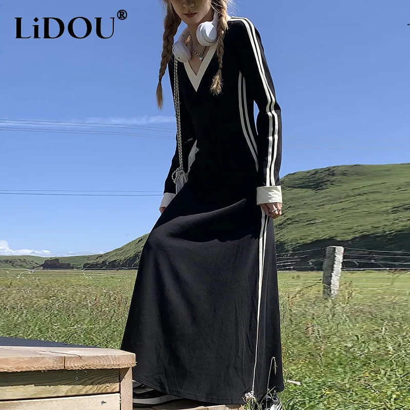 Top Trends: Spring Autumn V-neck Striped Patchwork Oversized Maxi Robe Elegant Dress Ladies Loose Casual Long Sleeve Vestidos Female Clothes Shoppable Styles