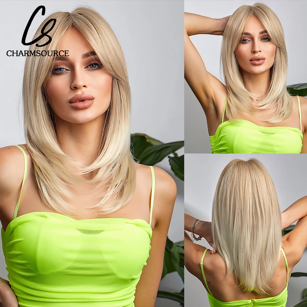 Top Trends: Natural Wavy Blonde Synthetic Wigs Medium Length Layered Hair With Side Bangs For Women Daily Party Cosplay Heat Resistant Fiber Shoppable Styles