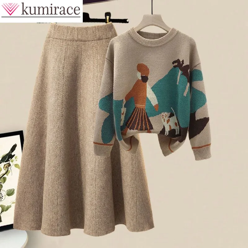 Top Trends: 2023 Winter New Cartoon Printed Knitted Sweater Pullover Slim Fit Knitted Skirt Two Piece Elegant Women&#039;s Party Dress Shoppable Styles