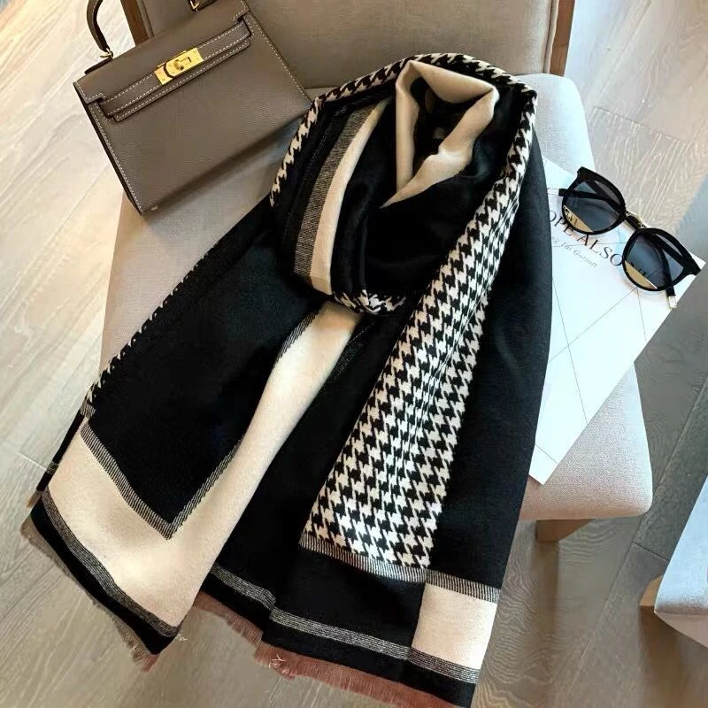 Top Trends: Luxury Brand Scarf Autumn And Winter Houndstooth H Letter Color Block Cotton Woven Outdoor Warm Large Shawl Scarf Women Luxury Shoppable Styles