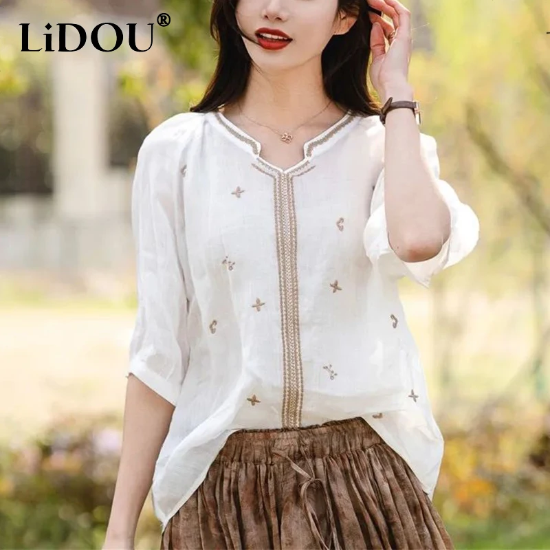 Top Trends: Summer 2023 Cotton Linen Embroidery Short Sleeve Blouse Female Loose Casual Fashion Literary Vintage Shirt Top Women Pullovers Shoppable Styles