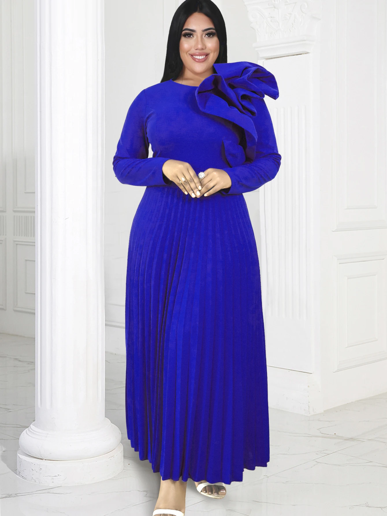 Top Trends: Blue Pleated Dress For Women Plus Size O Neck Long Sleeves Ruffles Empire Celebrate Birthday Wedding Event Long Prom Outfits 4XL Shoppable Styles