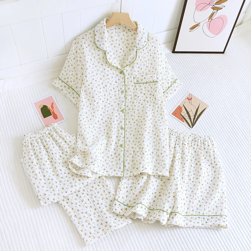 Top Trends: New Summer Women's Cotton Crepe Three-piece Short Sleeve + Shorts + Trousers Large Size Simple Flower Pajamas Home Service Suit Shoppable Styles