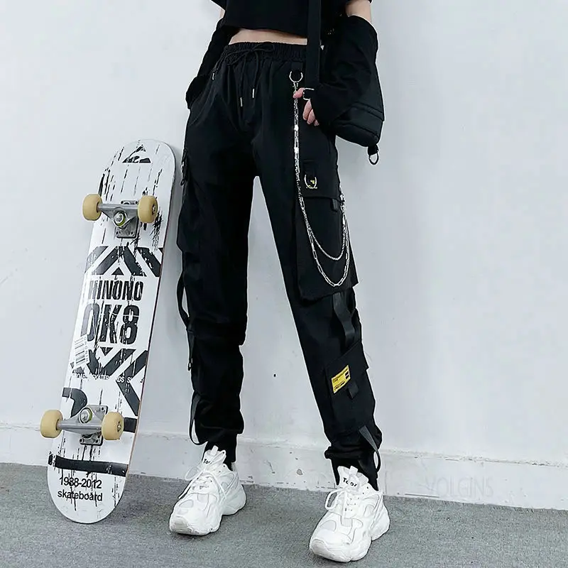 Top Trends: Streetwear Spring Summer Cargo Pants Women Harajuku Slim Punk Ribbons Joggers Elastic Waist Ankle-Length Trousers For Girls Shoppable Styles - Image 6