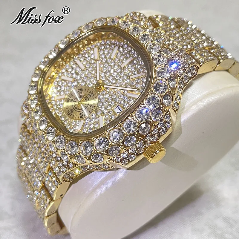 Top Trends: Hip Hop Brand MISSFOX Fashion Iced Out Watches Men Luxury Full Diamond 18K Gold Automatic Date Clock Steel Waterproof Watch Male Shoppable Styles