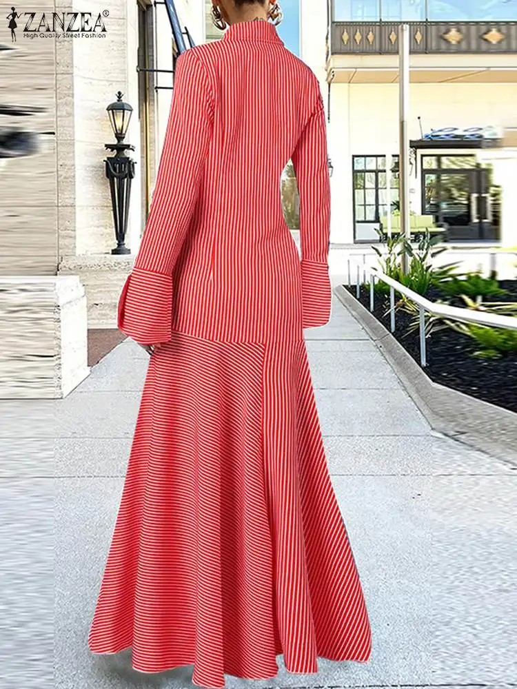 Top Trends: ZANZEA Women Long Sleeve Shirt Dress Fashion Ruffled 2023 Lapel Button Up Maxi Dress Streetwear Chic Striped Patchwork Long Robe Shoppable Styles