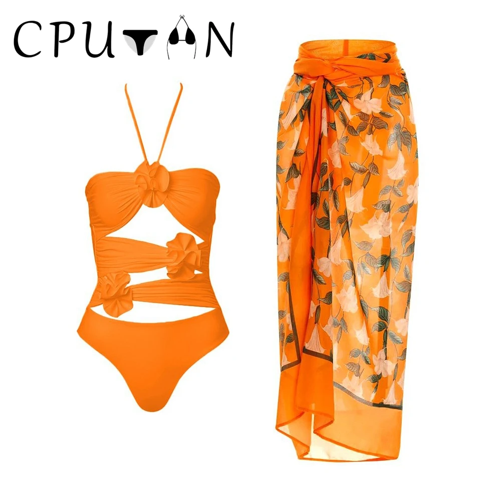 Top Trends: CPUTAN 2024 Sexy 3D Flower One Piece Swimsuit Skirt Summer Women Halter Print Swimwear Beach Dress Cover Up Monokini Bath Suit Shoppable Styles