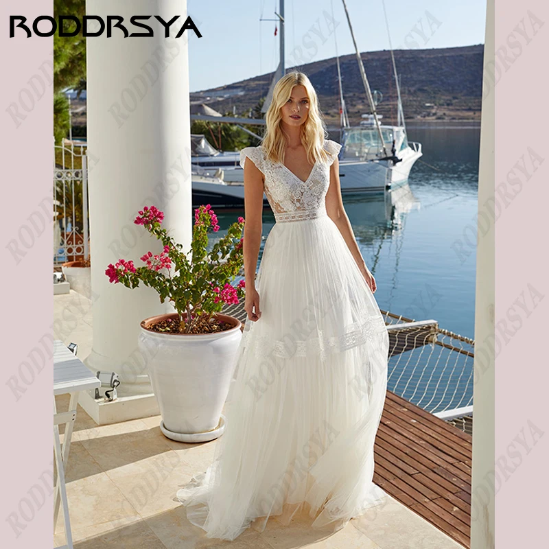 Top Trends: RODDRSYA Sexy V-Neck Backless Wedding Dress For Women Tulle Applique Beach Bride Gowns Cap Sleeve A-line Boho Robe De Mariée Shoppable Styles