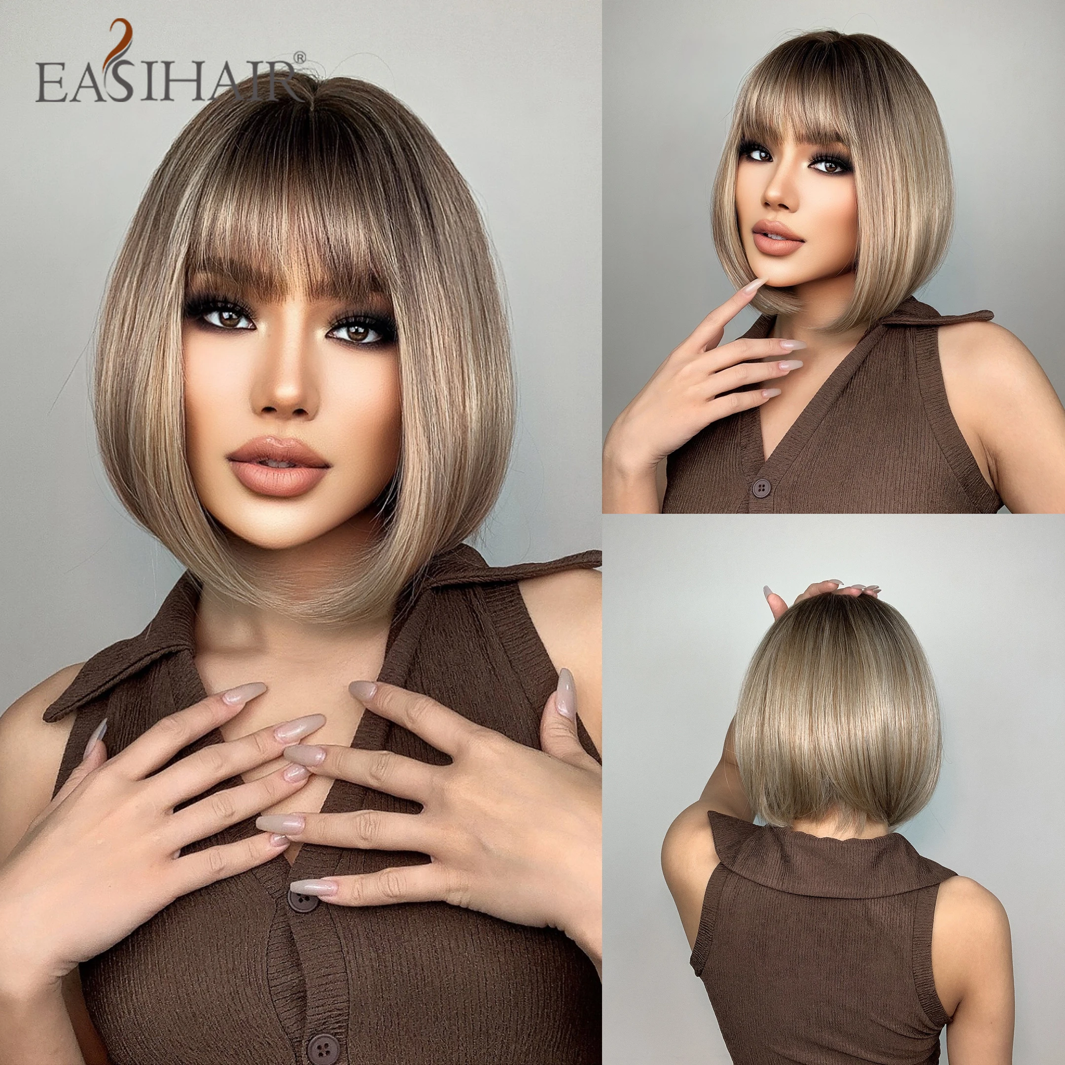 Top Trends: EASIHAIR Brown To Blonde Ombre Natural Hair Wigs For Women Short Straight Synthetic Bob Wigs Heat Resistant Cosplay Daily Wigs Shoppable Styles