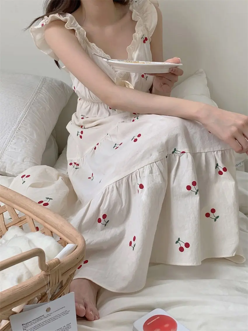 Top Trends: Women Korean Style Cherry Print Long Pajamas Dress Female Ruffles Sleeveless V-neck Lace Trim Sexy Sweet Nightdress Loungewear Shoppable Styles