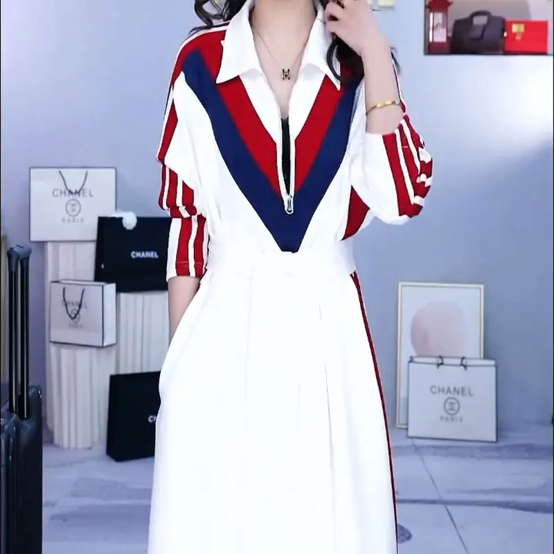 Top Trends: Commute Contrasting Colors Spliced Long Dress Spring Autumn Turn-down Collar Female Clothing Stylish Zipper A-Line Waist Dresses Shoppable Styles