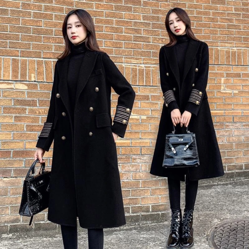 Top Trends: 2023 Autumn And Winter Women&#039;s New Mid-length Temperament Slim Double-breasted British Hepburn Style Black Woolen Coat Shoppable Styles