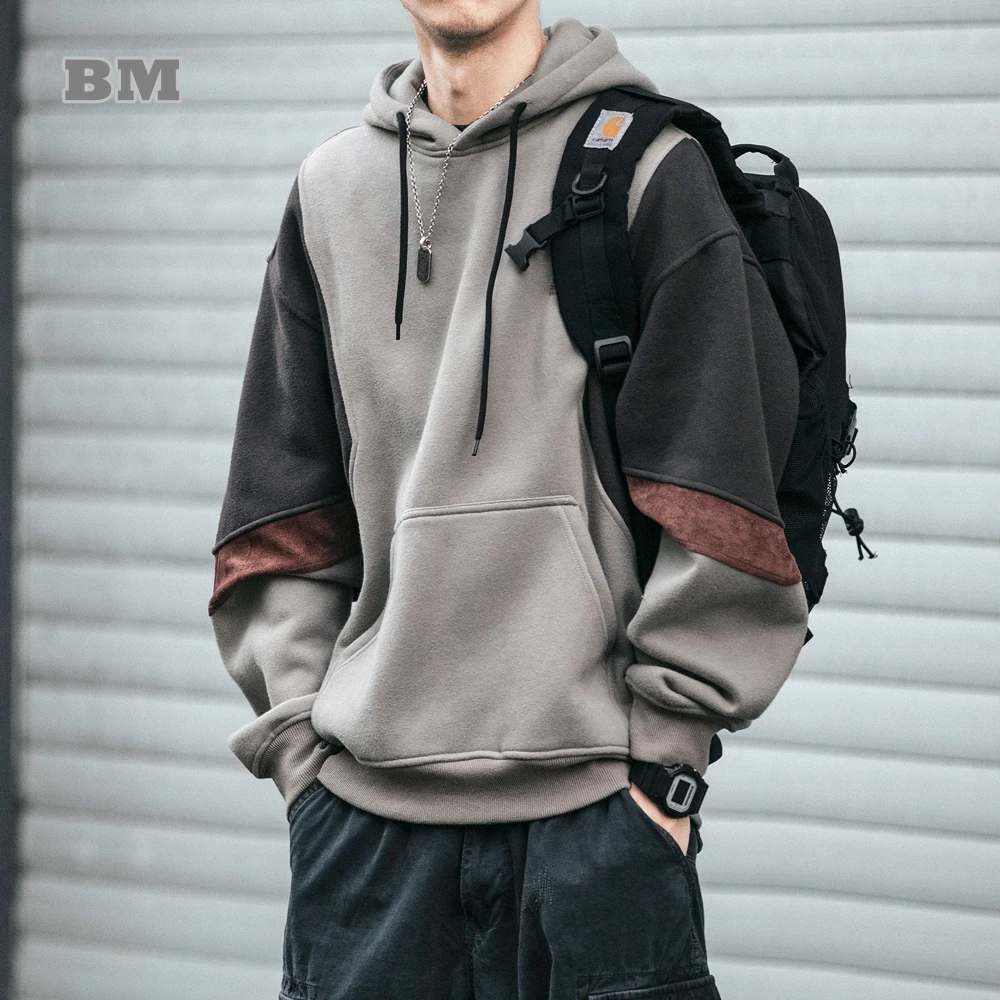 Top Trends: Plus Size Autumn Winter Korean High Quality Fleece Patchwork Hoodie Men Clothing Harajuku Japanese Streetwear Hip Hop Sweatshirt Shoppable Styles