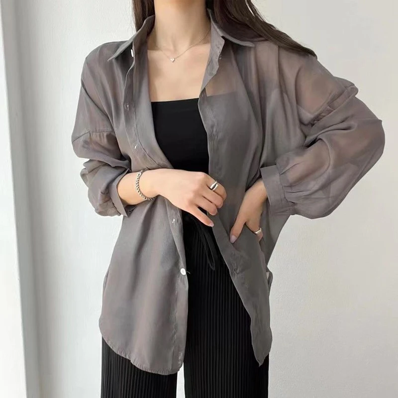 Top Trends: Summer New Thin Chiffon Shirt Tops Long Sleeve Polo Neck Solid Color Loose Blouse Korean Casual Fashion Women Clothing Shoppable Styles