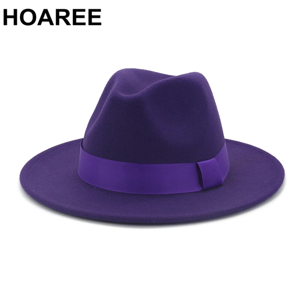 Top Trends: HOAREE Purple Wool Felt Jazz Fedora Hats Men Women Wide Brim Sombrero British Style Trilby Formal Panama Cap Solid Dress Hat Shoppable Styles