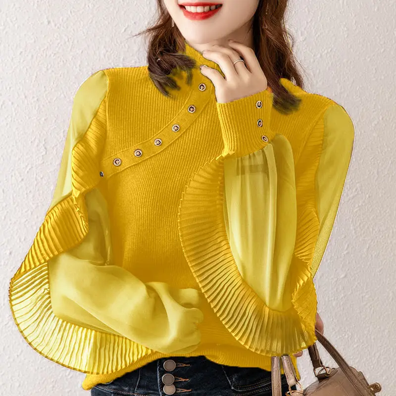 Top Trends: Fashion Ruffles Spliced Knit Blouse Women&#039;s Clothing 2022 Spring New Streetwear Casual Button Long Lantern Sleeve Shirt Female Shoppable Styles