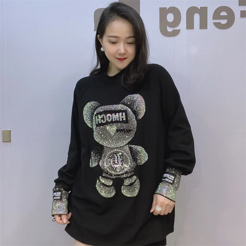 Top Trends: Women Cartoon Bear Hot Diamond T-shirt Loose Long Sleeved Oversized Top T-shirt Thickened Street Harajuku O-Neck T-shirt Shoppable Styles