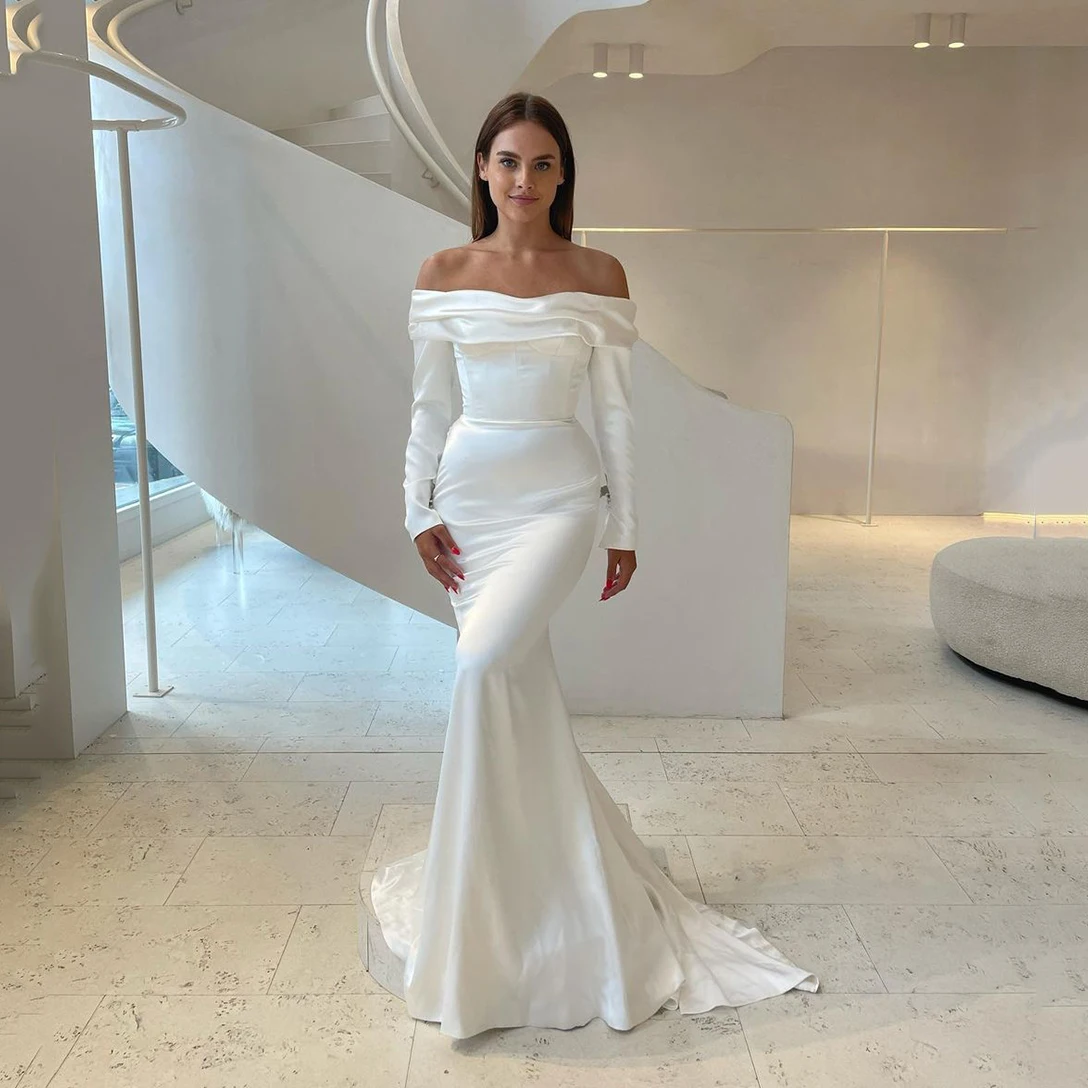 Top Trends: Msikoods Mermaid Satin Wedding Dresses Pleat Long Sleeves Off The Shoulder White Bride Dress Women Custom Made Robe De Mariee Shoppable Styles