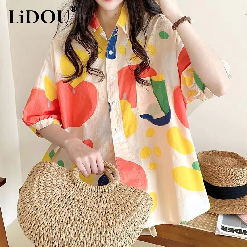 Top Trends: Summer Polo-neck Streetwear Printing Cardigan Top Women Short Sleeve Loose Casual Single Breasted Blouse Female All-match Shirt Shoppable Styles