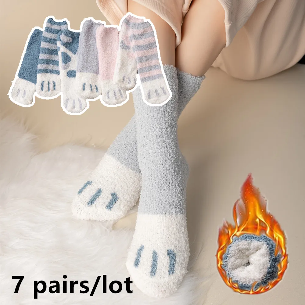 Top Trends: 7 Pairs Cat Paw Cute Socks Coral Fleece Winter Women Socks Animal Thick Thermal Floor Sleep Kawaii Candy Color Velvet Sock Warm Shoppable Styles