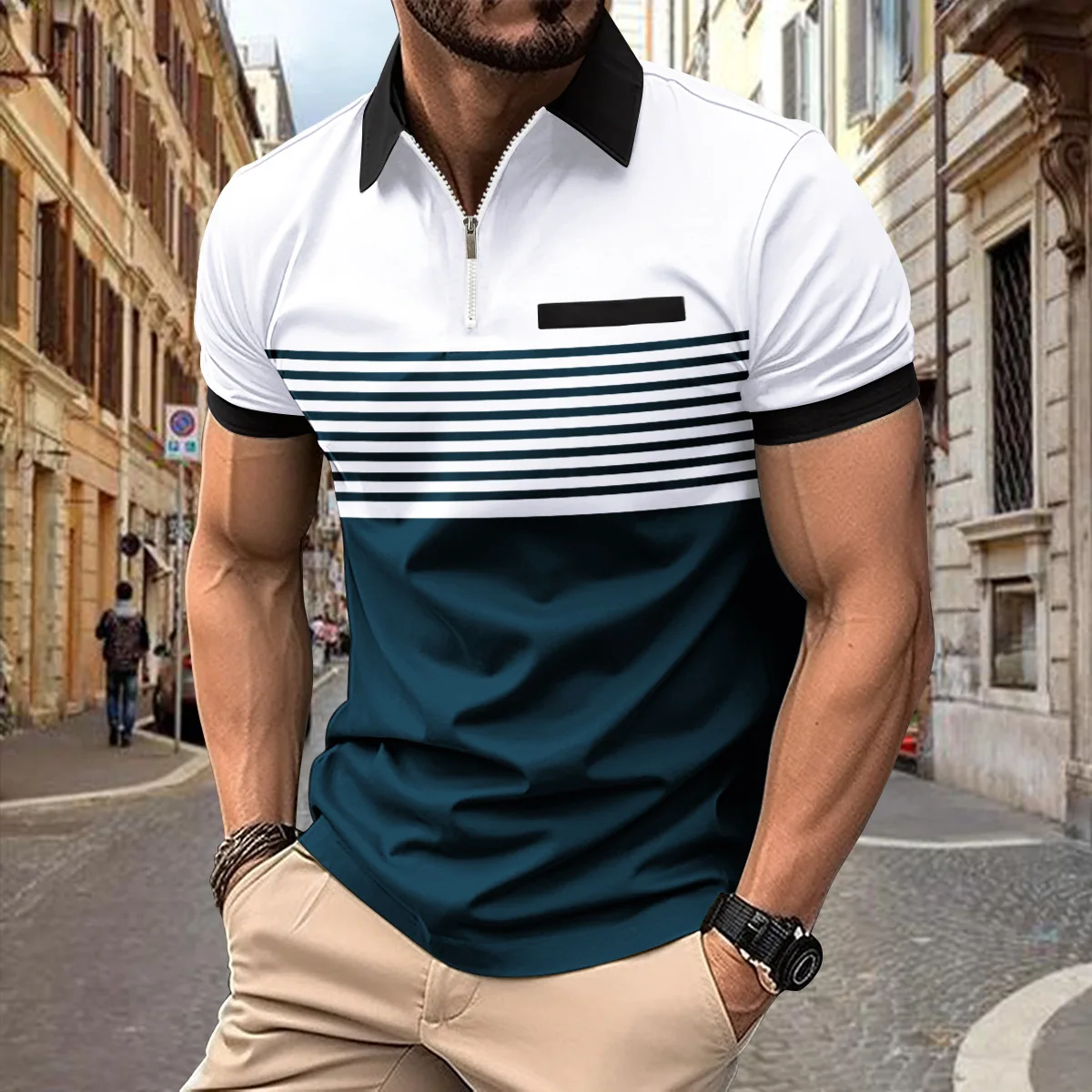 Top Trends: 2024 Summer Instant Amazon POLO Shirt With Lapel Zip Men's Printed Striped Sport High Street Breathable Polo Shirt Shoppable Styles