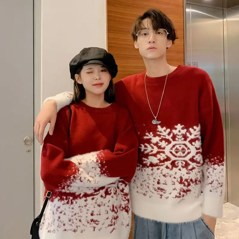 Top Trends: 2023 New Round Neck Red Couple Christmas Sweater Soft Thick Snowflake Pattern Ins Vintage Loose Pullovers Men's Winter Sweater Shoppable Styles - Image 6